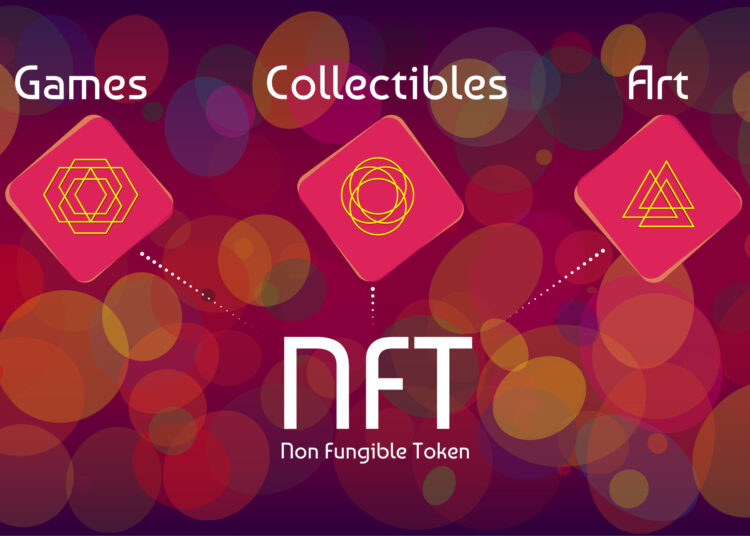 NFT non fungible tokens infographics on colorful abstract background. Pay for unique collectibles in games or art. Vector illustration.